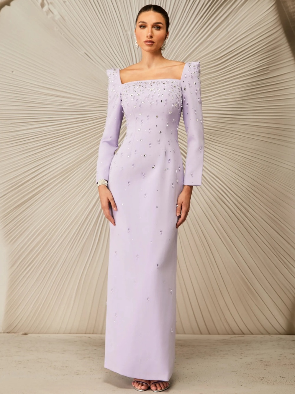 Sunfere Isabella Crystal Embellished Square Neck Lavender Maxi Dress